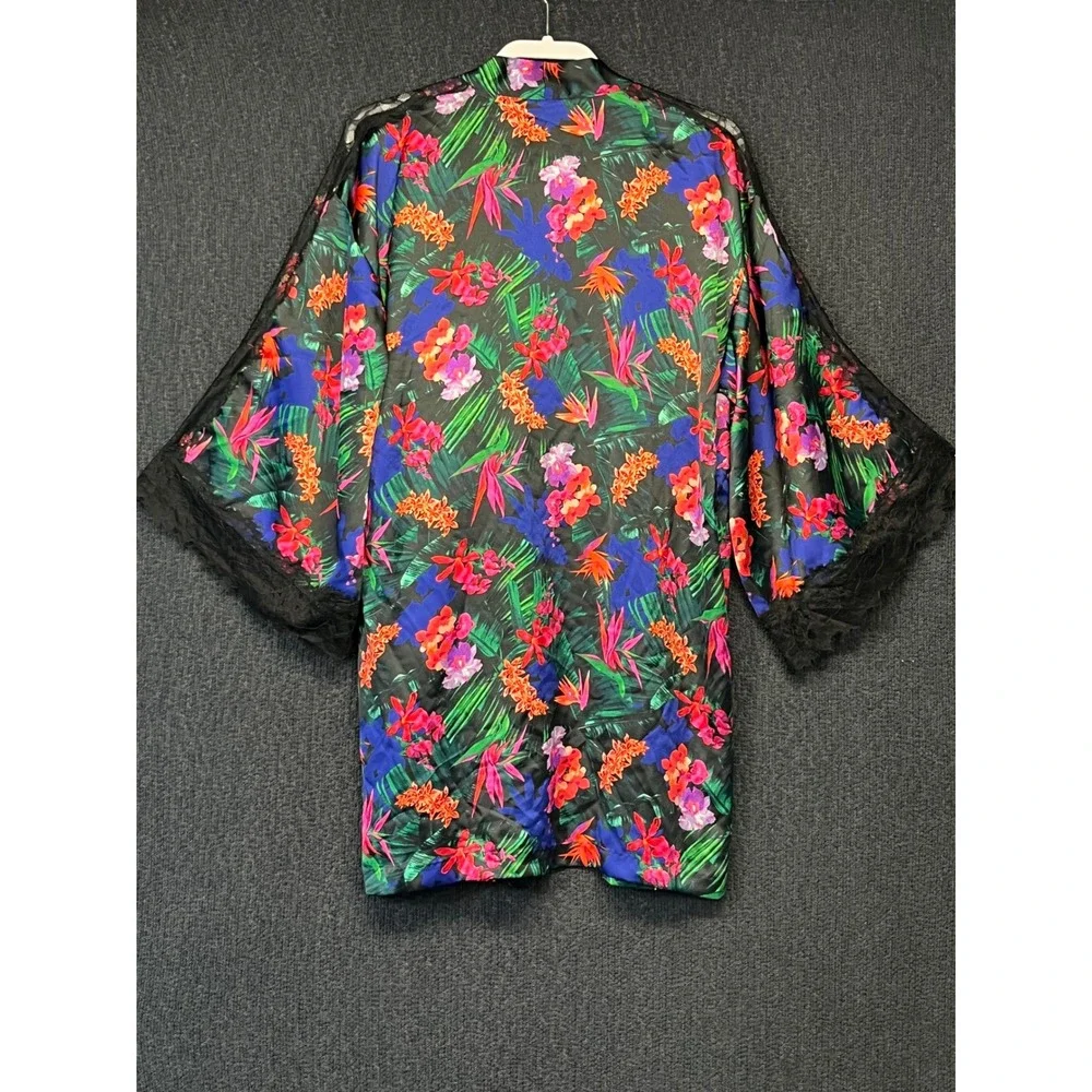 Victoria's Secret Tropical Floral Satin Kimono Robe Lace Trim XS/S New